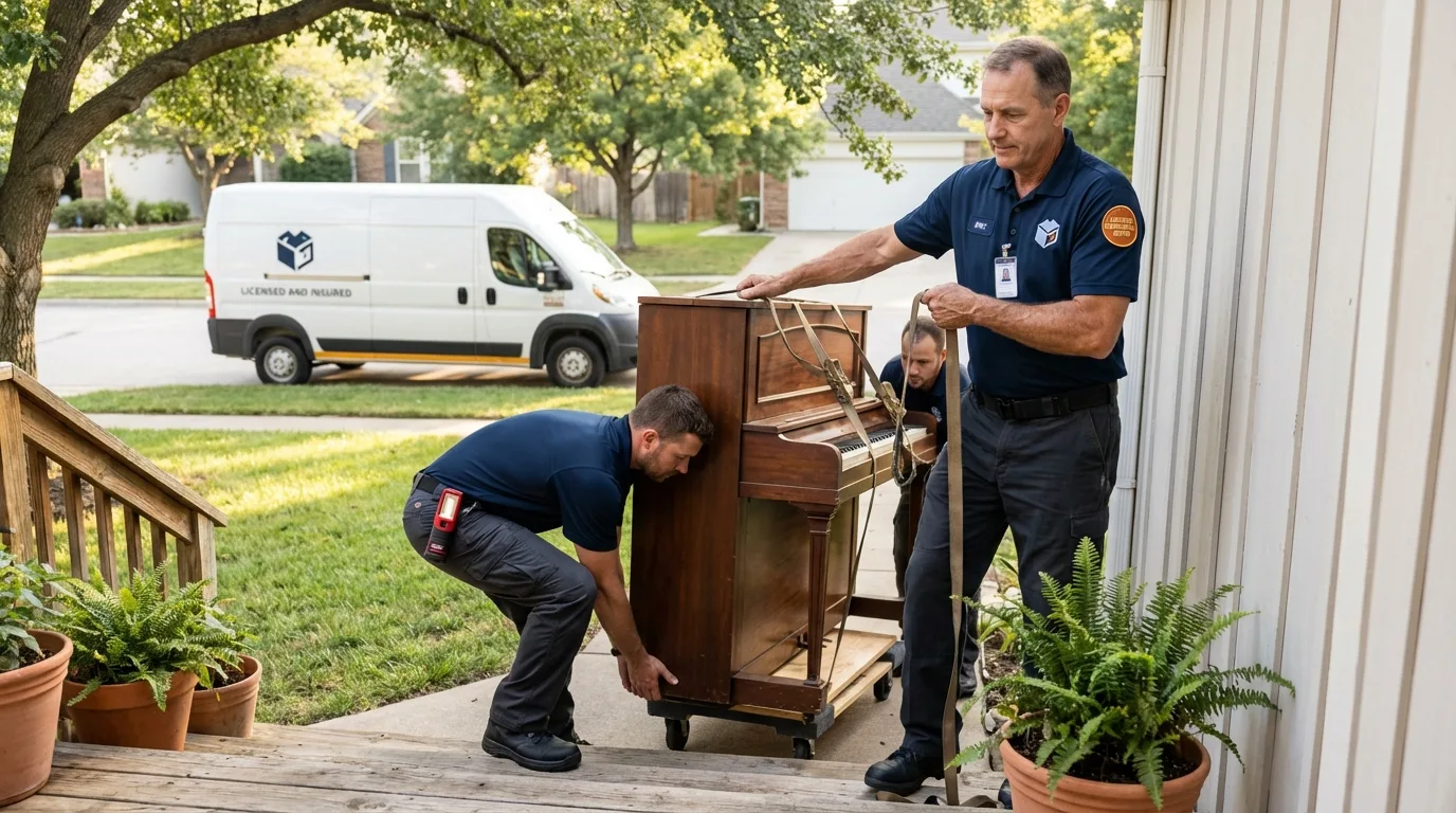 Licensed piano movers securing grand piano in Philipsburg, PA