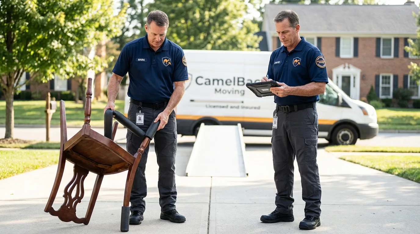 Movers inspecting furniture for damage prevention before loading in Philipsburg, PA