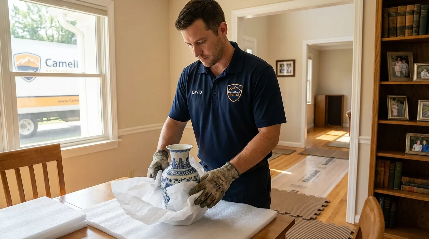 Professional crew carefully wrapping antique vase for senior downsizing move in Philipsburg, PA